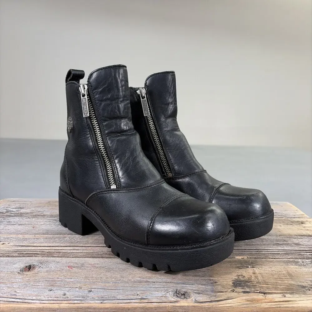 Harley Davidson Womens Black Leather Side Zip Biker Boots Size 7.5 Ankle Charity